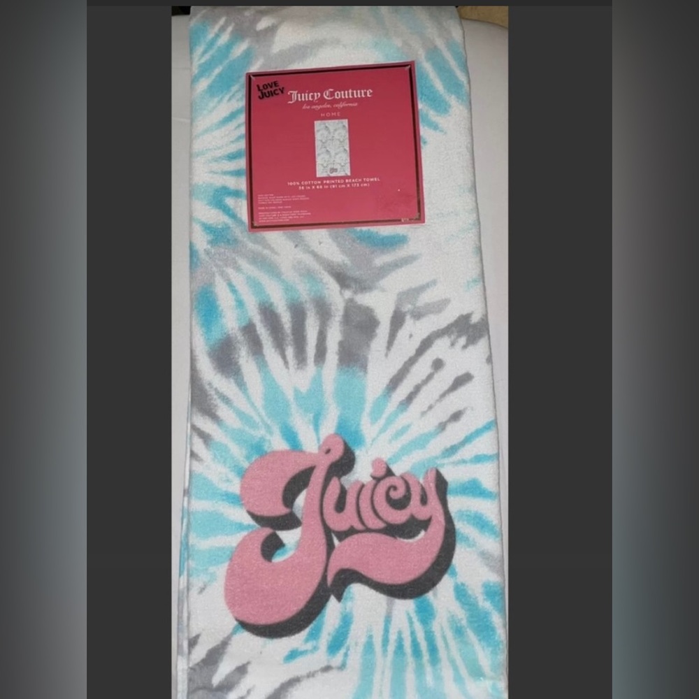 🎉HP🎉NEW Juicy Couture Logo Tie Dye Aqua/Gray 100% Cotton Towel 🌊☀️ - Picture 2 of 10